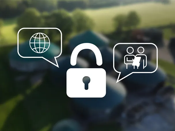 Biogasanlage im Hintergrund - Grafik Schloß Weltkugel und Personen im Gespräch als Icon Biogasanlage im Hintergrund - Grafik Schloß Weltkugel und Personen im Gespräch als Icon